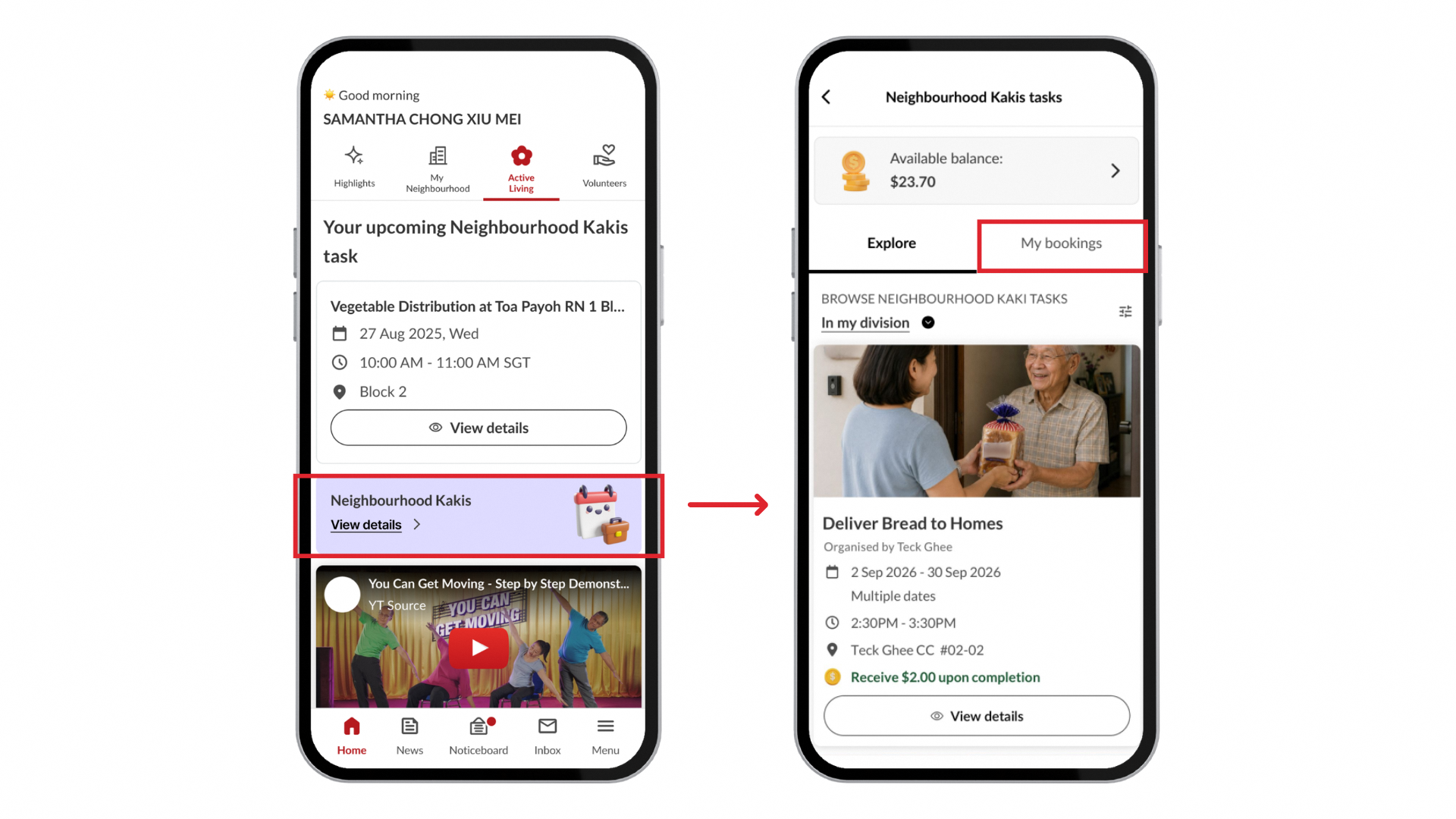 Two phone screens for Manage Your Neighbourhood Kakis Task Bookings: home screen with My bookings highlighted, and My bookings list showing an upcoming task.